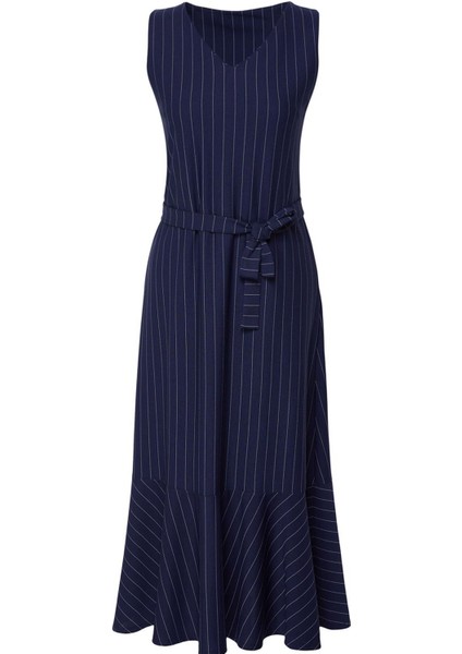 Moda Stil Relaxed V Yaka Uzun Tesettür Çizgili Dokuma Jile Elbise