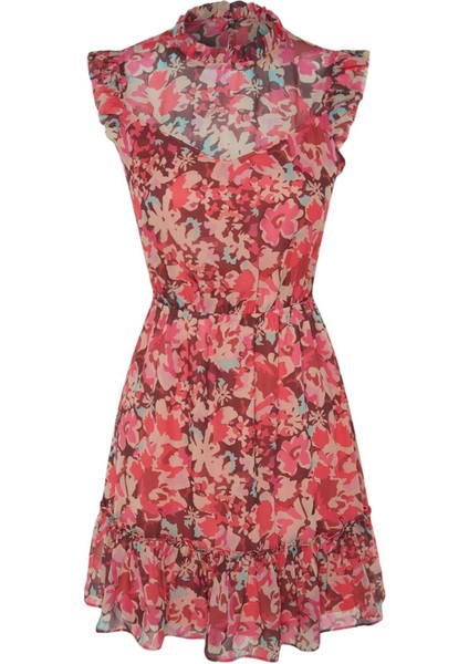 Moda Stil Regular Dik Yaka Mini Boy Çiçek Desenli Belden Açılan Dokuma Elbise