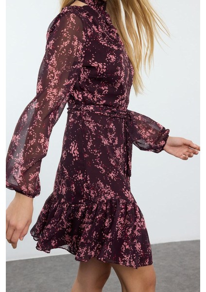 Moda Stil Regular Dik Yaka Mini Boy Çiçekli Dokuma Kışlık Elbise