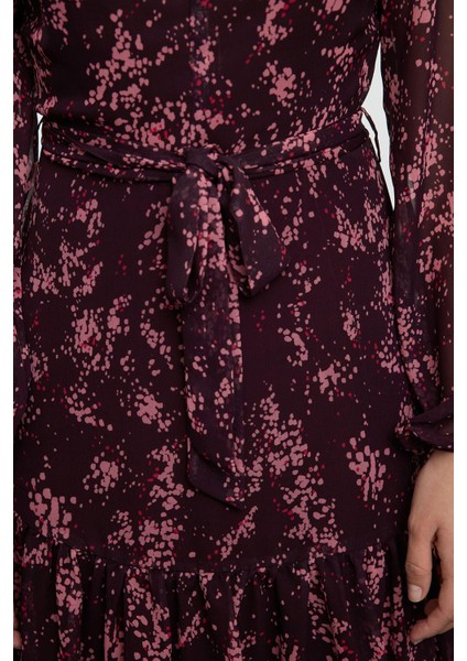 Moda Stil Regular Dik Yaka Mini Boy Çiçekli Dokuma Kışlık Elbise