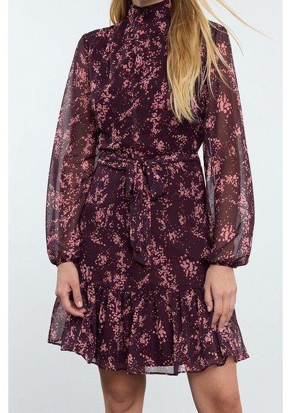 Moda Stil Regular Dik Yaka Mini Boy Çiçekli Dokuma Kışlık Elbise