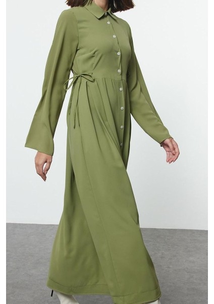 Moda Stil Regular Gömlek Yaka Uzun Tesettür Beli Bağlamalı Dokuma Elbise