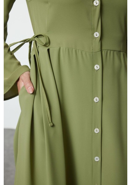 Moda Stil Regular Gömlek Yaka Uzun Tesettür Beli Bağlamalı Dokuma Elbise fiyatları