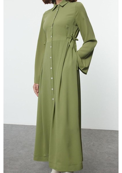 Moda Stil Regular Gömlek Yaka Uzun Tesettür Beli Bağlamalı Dokuma Elbise modelleri