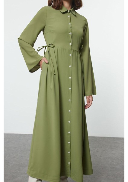 Moda Stil Regular Gömlek Yaka Uzun Tesettür Beli Bağlamalı Dokuma Elbise fırsatları