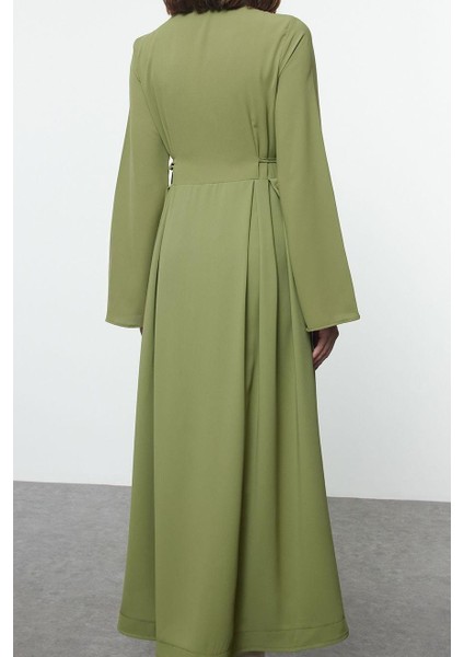 Moda Stil Regular Gömlek Yaka Uzun Tesettür Beli Bağlamalı Dokuma Elbise indirimleri