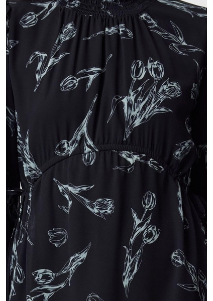 Moda Stil Regular Dik Yaka Maxi Boy Tesettür Şifon Çiçek Desenli Dokuma Elbise
