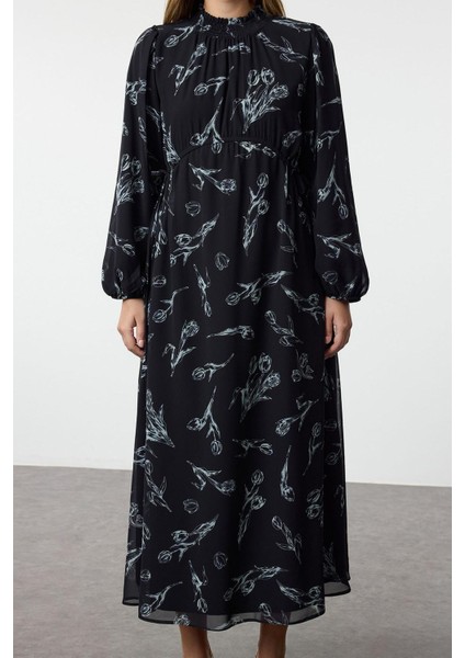 Moda Stil Regular Dik Yaka Maxi Boy Tesettür Şifon Çiçek Desenli Dokuma Elbise