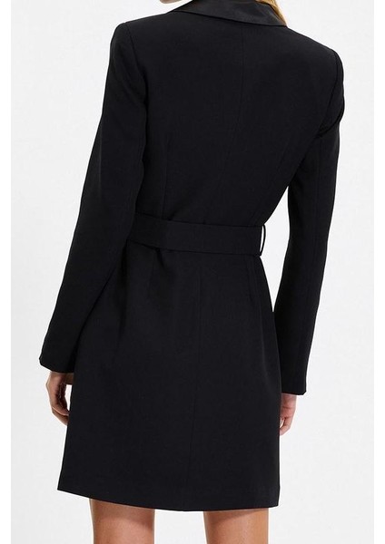 Moda Stil Regular Ceket Yaka Mini Boy Kemerli Dokuma Ceket Elbise