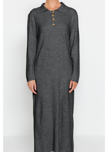 Moda Stil Regular Polo Yaka Maxi Boy Tesettür Rahat Kalıp Ribana Triko Elbise