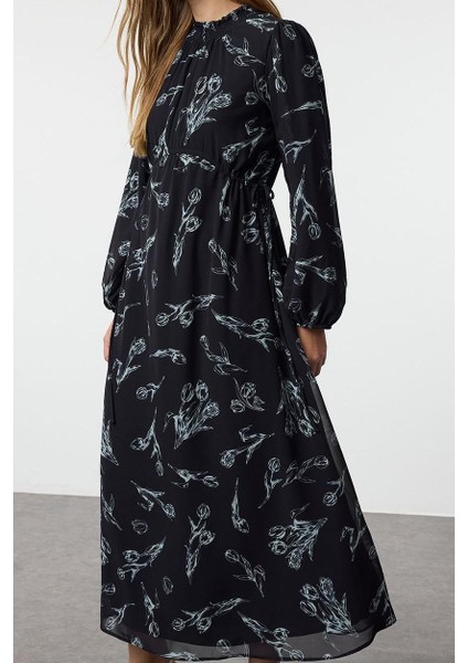 Moda Stil Regular Dik Yaka Maxi Boy Tesettür Şifon Çiçek Desenli Dokuma Elbise