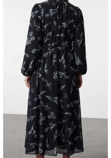 Moda Stil Regular Dik Yaka Maxi Boy Tesettür Şifon Çiçek Desenli Dokuma Elbise