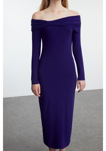 Moda Stil Slim Carmen Yaka Midi Boy Fitted Vücuda Oturan Esnek Örme Elbise modelleri