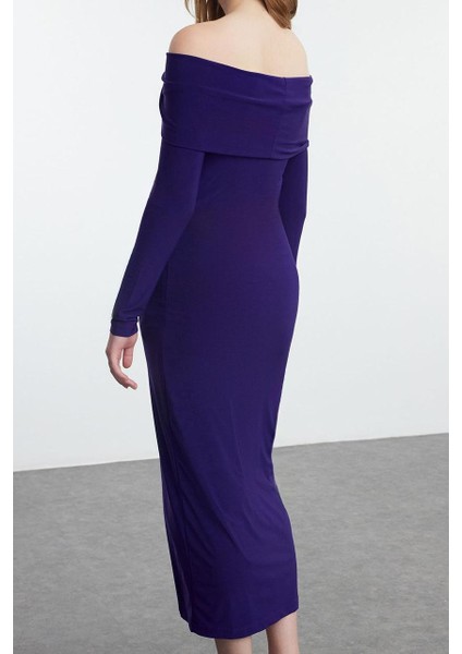 Moda Stil Slim Carmen Yaka Midi Boy Fitted Vücuda Oturan Esnek Örme Elbise indirimleri