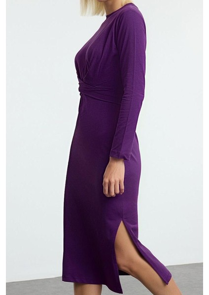 Moda Stil Slim Bisiklet Yaka Midi Boy Pamuk Bağlama Detaylı Vücuda Oturan Örme Elbise