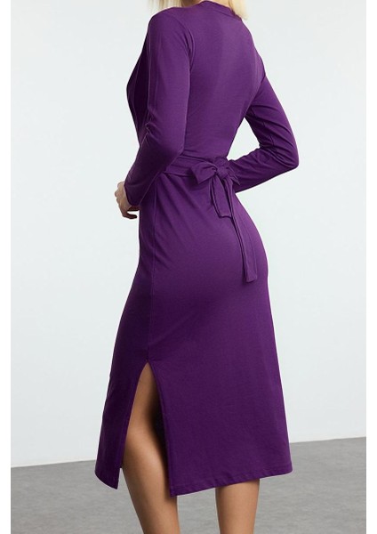 Moda Stil Slim Bisiklet Yaka Midi Boy Pamuk Bağlama Detaylı Vücuda Oturan Örme Elbise