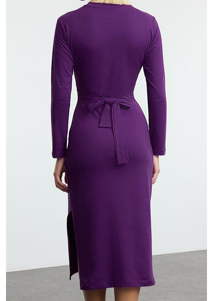 Moda Stil Slim Bisiklet Yaka Midi Boy Pamuk Bağlama Detaylı Vücuda Oturan Örme Elbise