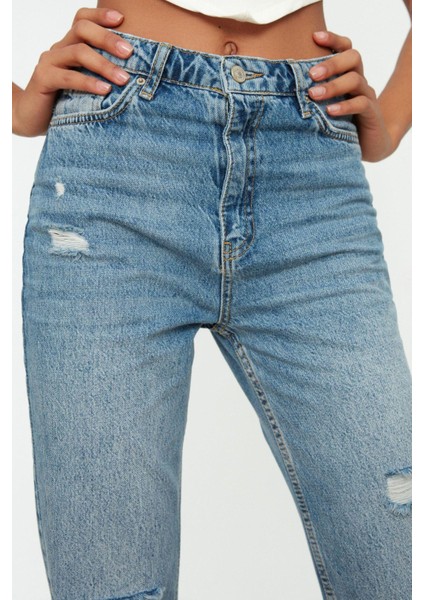 Stil Kadın Moda Denim Kot Pantolon Regular Boru Paça Mavi Yırtık Detaylı Yüksek Bel Jeans
