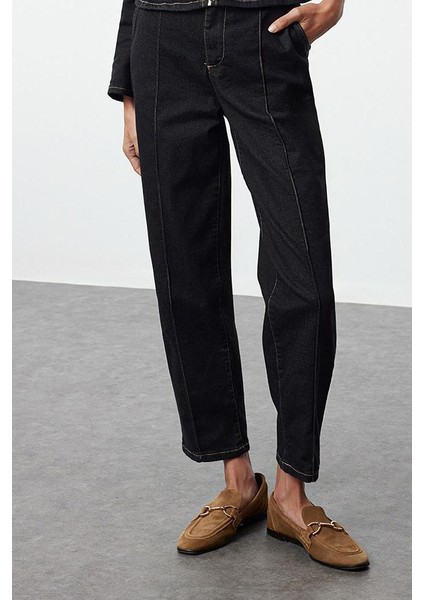 Stil Kadın Moda Denim Kot Pantolon Regular Boru Paça Nervürlü Yüksek Bel Havuç Jeans