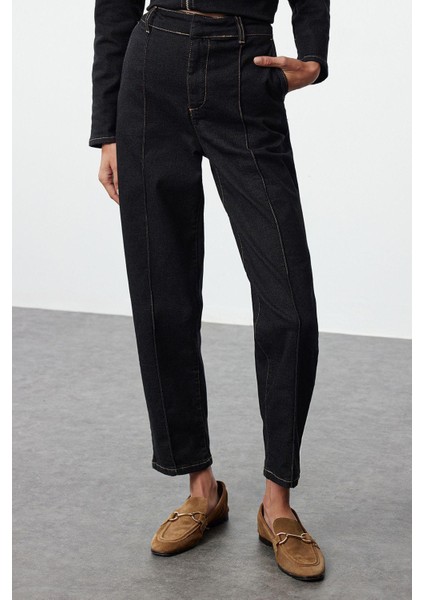 Stil Kadın Moda Denim Kot Pantolon Regular Boru Paça Nervürlü Yüksek Bel Havuç Jeans