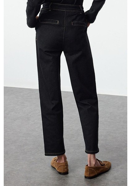 Stil Kadın Moda Denim Kot Pantolon Regular Boru Paça Nervürlü Yüksek Bel Havuç Jeans