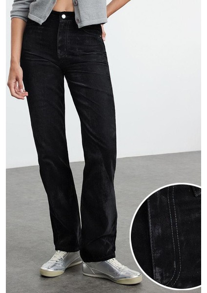 Stil Kadın Moda Denim Kot Pantolon Regular Boru Paça Süet Görünümlü Yüksek Bel Straight Jeans