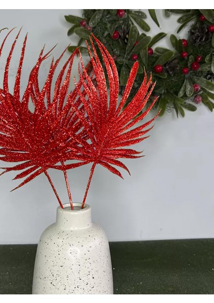 Yılbaşı Dekoru Simli Palmiye Yaprağı Dekoratif Dal Kırmızı 30 cm