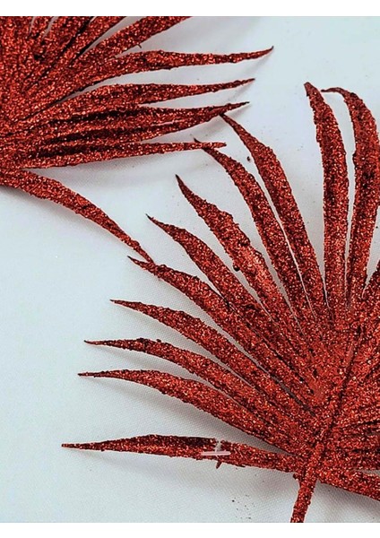 Yılbaşı Dekoru Simli Palmiye Yaprağı Dekoratif Dal Kırmızı 30 cm