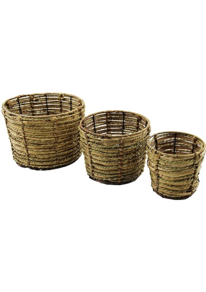 METAL İSKELETLİ 3 BOY YUVARLAK HASIR ORGANİZER SEPET Ç: 14-19-25CM - Y: 14-16-18CM (4764)