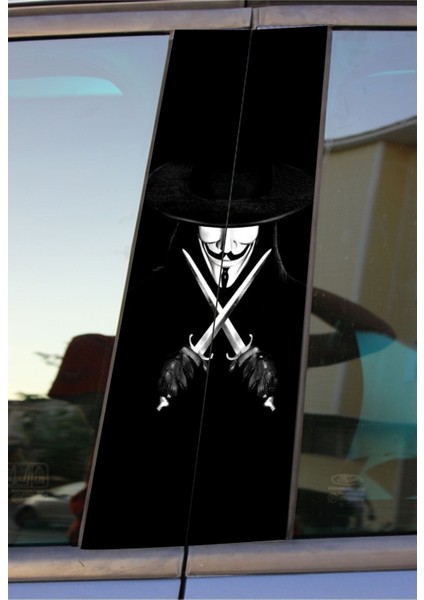 V For Vendetta Baskılı Araç Kapı Direk Kaplama Folyo Sticker 2'li (Sağ&sol)