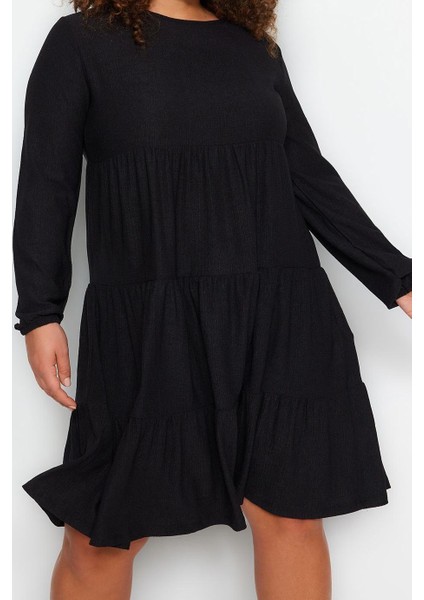 Moda Stil Relaxed Bisiklet Yaka Mini Boy Büyük Beden Düz A-Line Örme Elbise