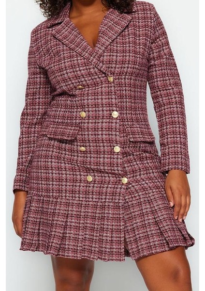 Moda Stil Fitted Ceket Yaka Mini Boy Büyük Beden Ekose Desen Etek Ucu Deatylı Dokuma Elbise