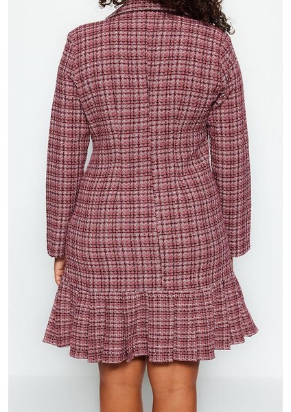 Moda Stil Fitted Ceket Yaka Mini Boy Büyük Beden Ekose Desen Etek Ucu Deatylı Dokuma Elbise indirimleri
