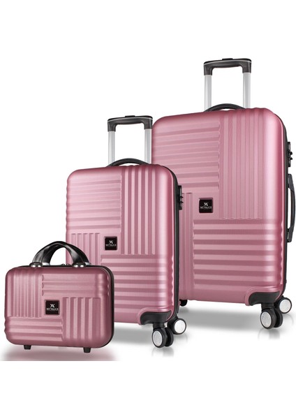 Puzzle Abs Makyaj Kabin ve Orta Boy Rose Gold 3'lü Valiz Seti