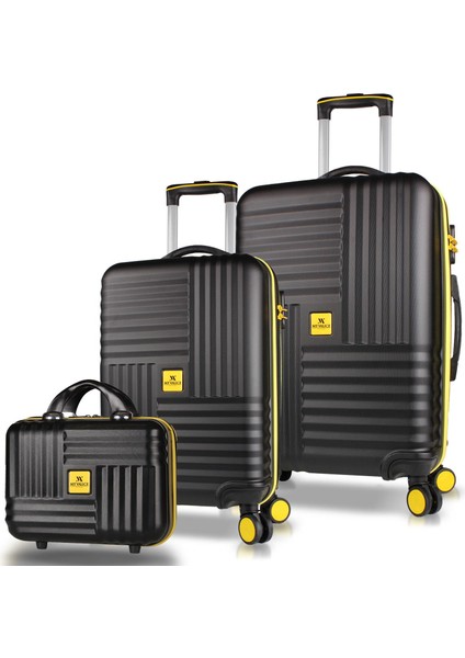 Puzzle Abs Makyaj Kabin ve Orta Boy Siyah 3'lü Valiz Seti