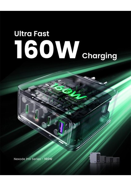 Nexode Pro 160W Gan Hızlı Şarj Cihazı 100W Kablolu Type-C Qc Pd 3xusb-C 1xusb-A Gri 25877