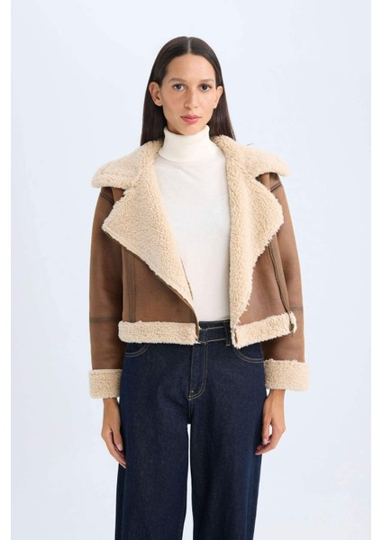 Kruvaze Yaka Fermuarlı Cepli Mevsimlik Pelüş Astarlı Ceket Mont D3993AX24WN fırsatları