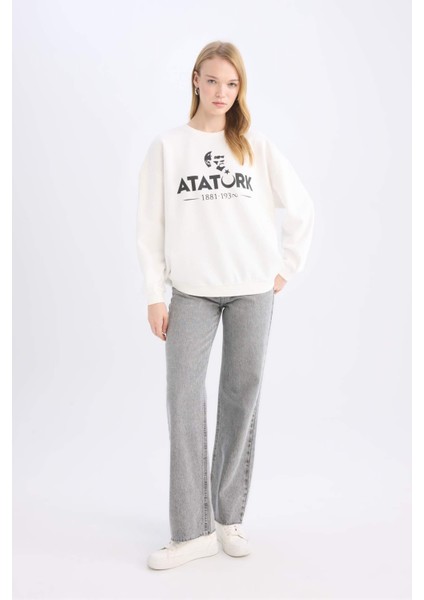 Oversize Geniş Kalıp Bisiklet Yaka Atatürk Baskılı Sweatshirt E5447AX24WN