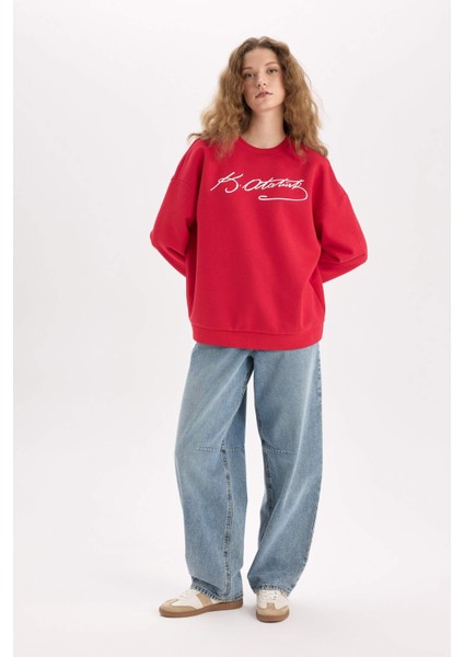 Oversize Geniş Kalıp Atatürk İmzalı Bisiklet Yaka Kalın Sweatshirt E5446AX24WN