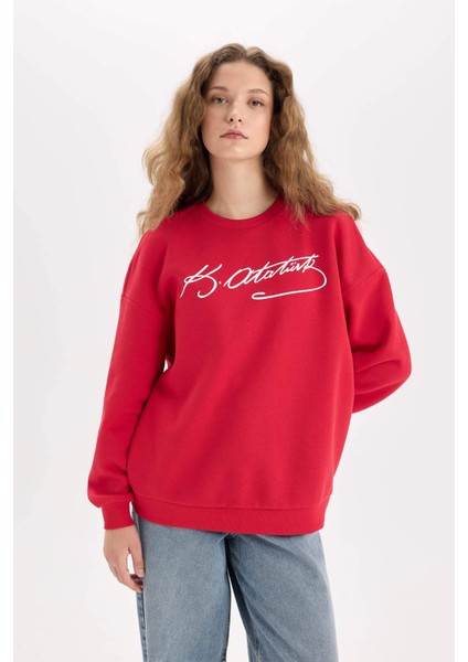 Oversize Geniş Kalıp Atatürk İmzalı Bisiklet Yaka Kalın Sweatshirt E5446AX24WN