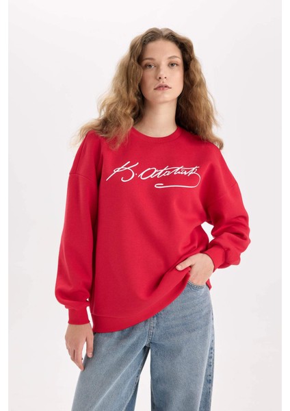 Oversize Geniş Kalıp Atatürk İmzalı Bisiklet Yaka Kalın Sweatshirt E5446AX24WN