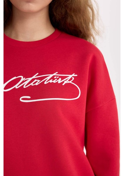 Oversize Geniş Kalıp Atatürk İmzalı Bisiklet Yaka Kalın Sweatshirt E5446AX24WN
