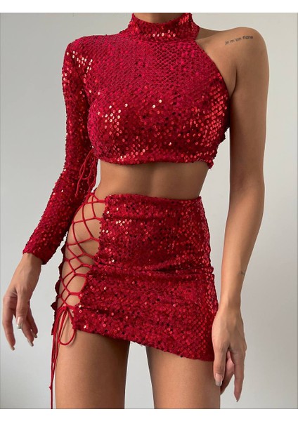 Floş Lastik Bağcıklı Kırmızı Payet Takım