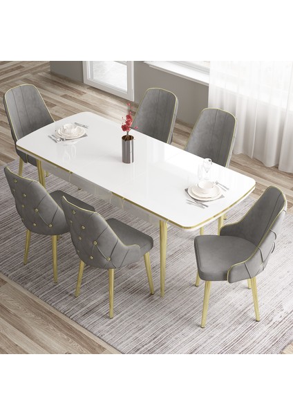 Concept Tia Serisi  Beyaz Masa 80 x 132 cm Açılabilir Mdf Yemek Odası Takımı 6 Sandalye Gold Detay