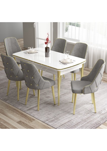 Concept Tia Serisi  Beyaz Masa 80 x 132 cm Açılabilir Mdf Yemek Odası Takımı 6 Sandalye Gold Detay