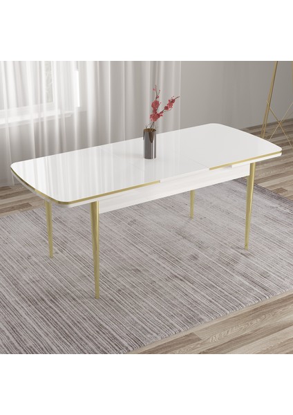 Concept Tia Serisi  Beyaz Masa 80 x 132 cm Açılabilir Mdf Yemek Odası Takımı 6 Sandalye Gold Detay