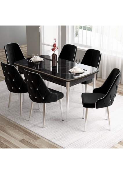 Concept Tia Serisi, Siyah Mermer Desen 80X132 Açılabilir Mdf Yemek Odası Takımı 6 Sandalye Gümüş Detay