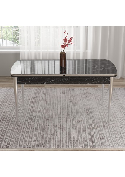 Concept Tia Serisi, Siyah Mermer Desen 80X132 Açılabilir Mdf Yemek Odası Takımı 6 Sandalye Gümüş Detay