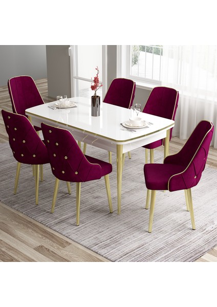 Concept Tia Serisi Beyaz Masa 80 x 132 cm Açılabilir Mdf Yemek Odası Takımı 6 Sandalye Gold Detay
