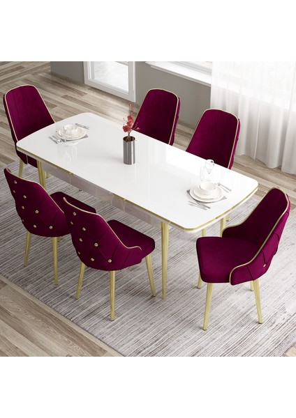 Concept Tia Serisi Beyaz Masa 80 x 132 cm Açılabilir Mdf Yemek Odası Takımı 6 Sandalye Gold Detay fiyatları
